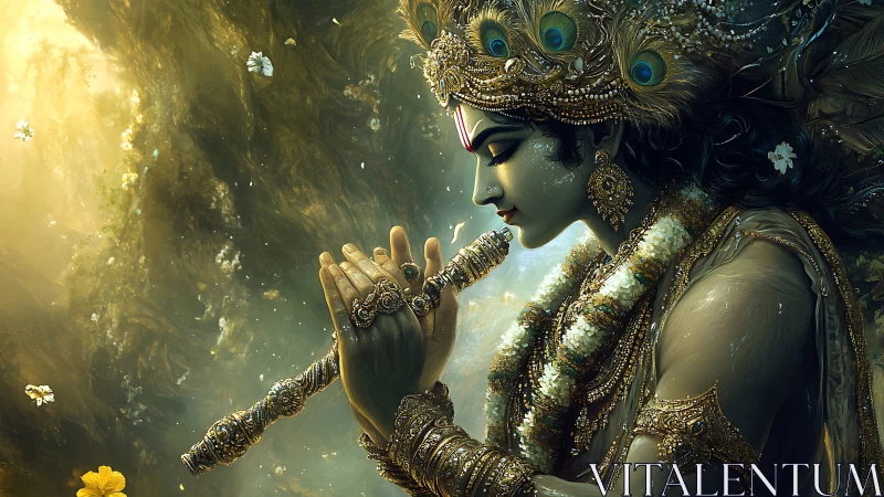 Ornate deity figure playing flute in luminous forest scene.