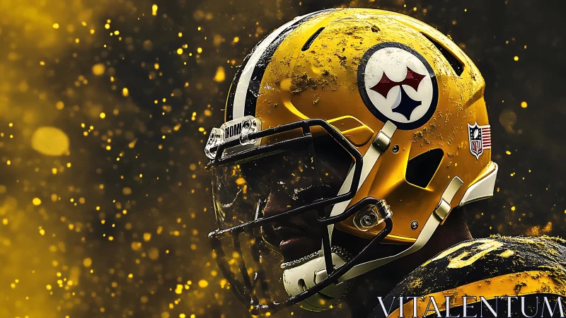 Side-profile gridiron helmet portrait under particle storm.