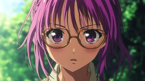 Purple-haired anime girl in glasses beneath dappled sunlight.