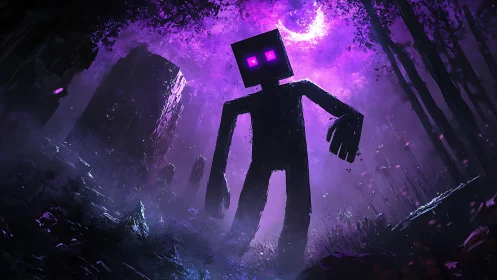 Midnight wanderer beneath a glowing violet pixel moon.