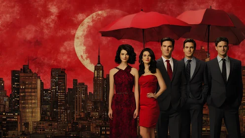 Stylish group under red umbrellas in urban night scene.