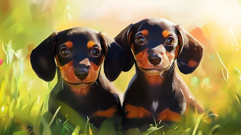 Twin dachshund puppies in glowing digital meadow portrait.