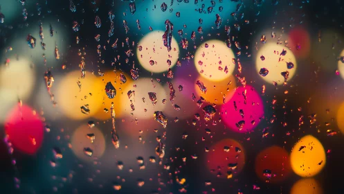 Raindrops on glass with neon city bokeh at night.