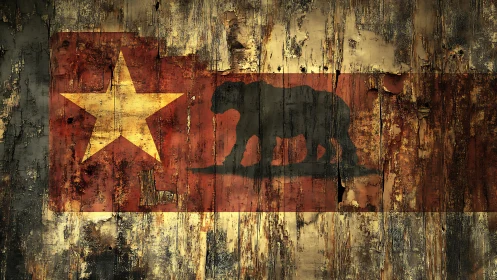 Weathered bear emblem and star flag painted on distressed timber