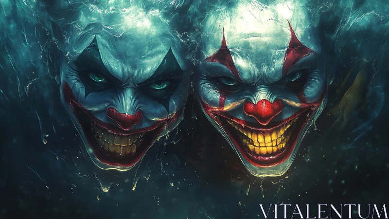 Two sinister clown faces emerge underwater with glowing grins