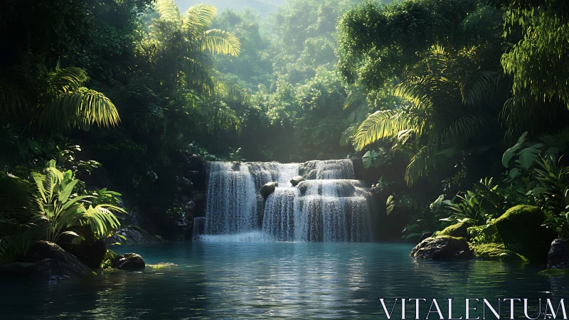 Lush jungle waterfall pours into calm turquoise lagoon.