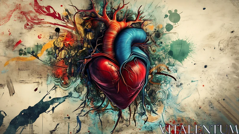 Surreal anatomical heart exploding through abstract color.