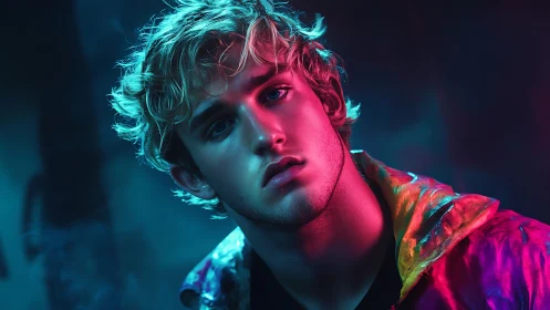 Neon-lit portrait of moody youth in chromatic jacket.