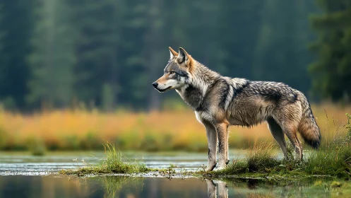 Grey wolf stands alert beside reflective forest wetland