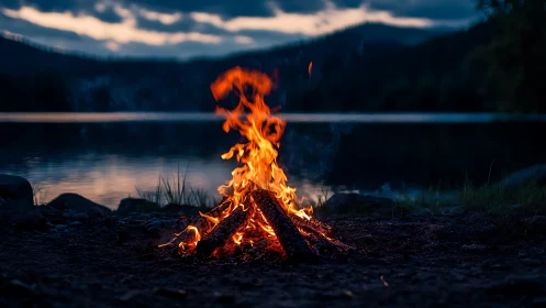 Campfire at Twilight by Mountain Lake.