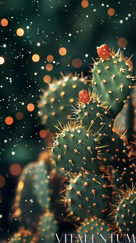Prickly pear cactus pads with fruit under soft light bokeh.
