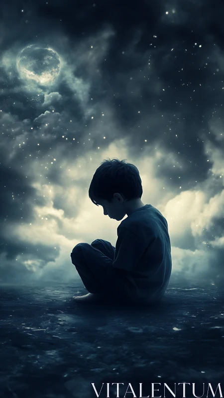 Quiet moonlit dreamscape with a thoughtful young child.