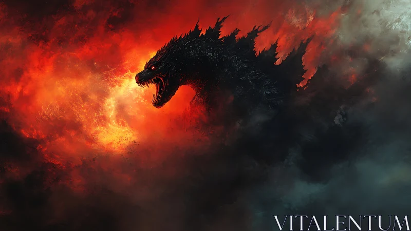 Colossal fire-lit monster emerging through infernal storm.