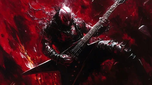 Blazing metal guitarist unleashes power in a storm of red