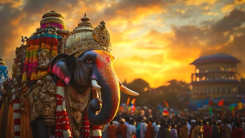 Caparisoned festival elephant walks before glowing sunset sky
