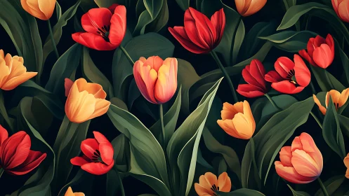 Digitally Rendered Tulip Arrangement with Chromatic Stratification and Botanical Accuracy