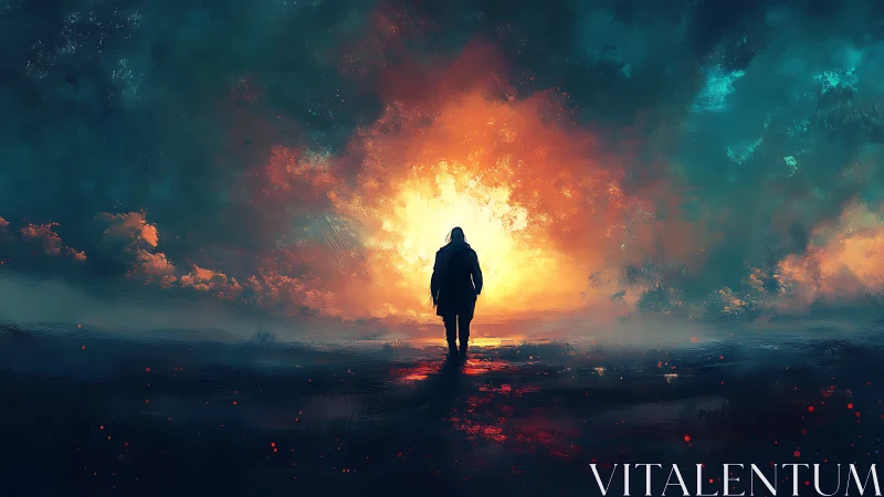 Lone wanderer crossing a storm of firelit midnight skies.
