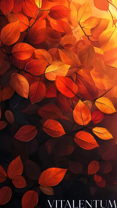 Autumn foliage abstraction with glowing orange leaf canopy.