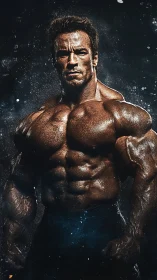 Powerful bodybuilder poses against dark, cinematic backdrop.