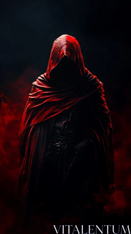 Hooded figure in red cloak amid dark background and smoke.