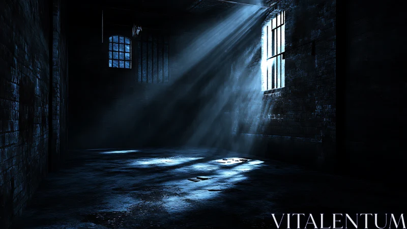 Abandoned warehouse interior sliced by cold window light.