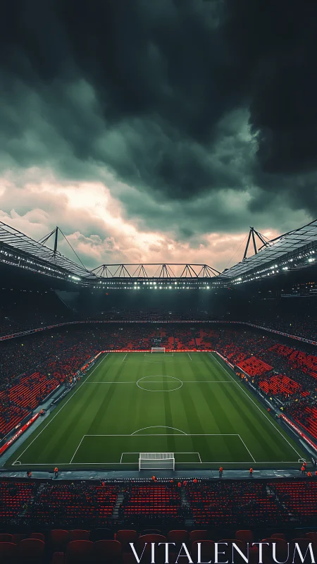 Stormy evening over illuminated football stadium field.