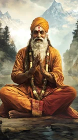 Mountain sage in saffron silence greeting the river dawn.