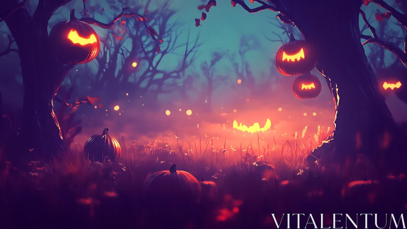 Jack o lantern pumpkins in misty twilight forest clearing.