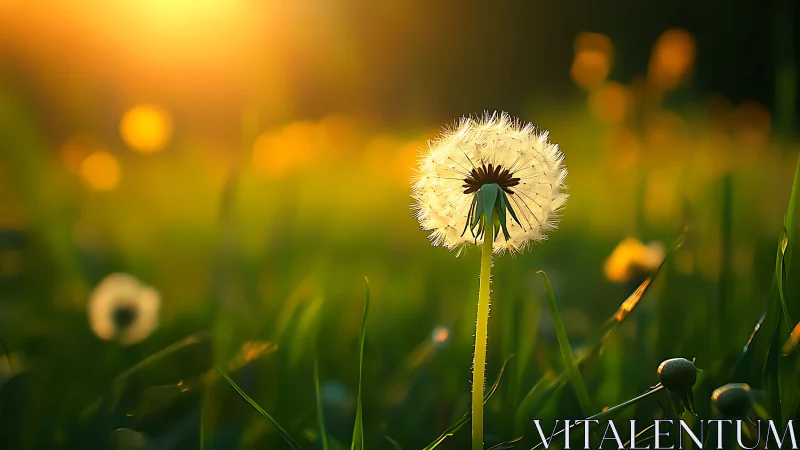 Dandelion seed head in grass under low warm sunlight period.