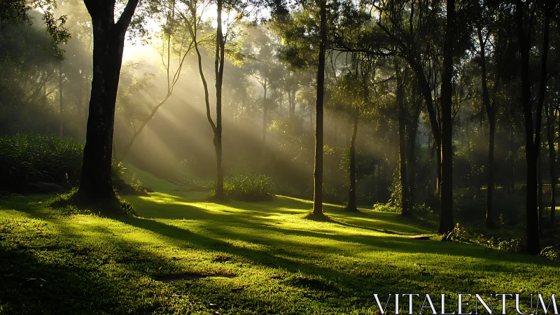 Low-angle morning sunbeams crossing dewy forest clearing