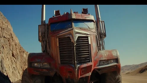 Weathered red semi-truck stands on arid desert roadway