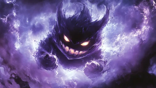 Ghostly shadow monster erupts through swirling violet storm.