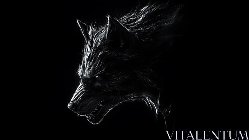 Moonless silver wolf erupts from darkness in razor light