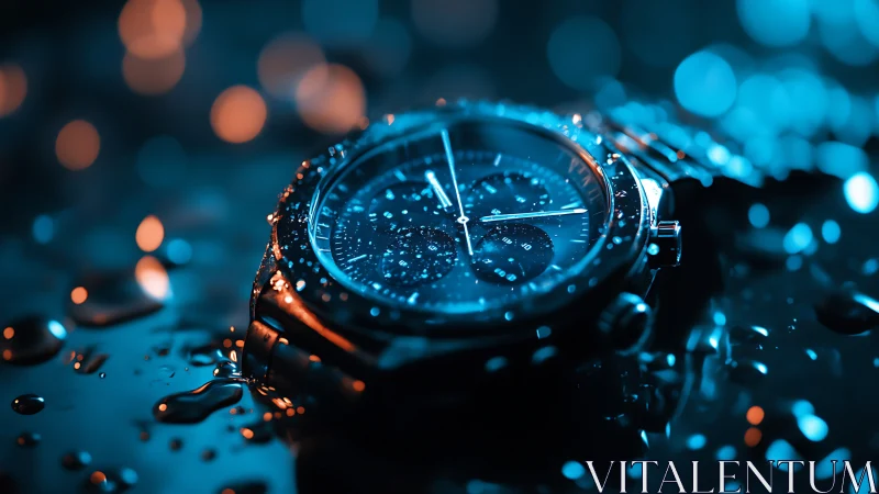 Chronograph wristwatch under bokeh-lit hydrostatic stress test.