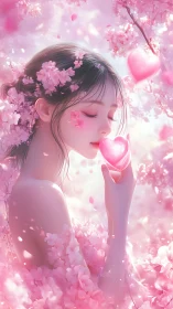 Girl Adorned in Blooms with Luminous Heart.