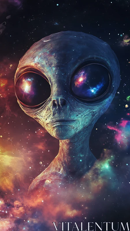Cosmic alien portrait in luminous nebula environment digital painting.