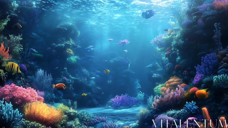 Shimmering coral reef welcomes colorful fish in gentle light