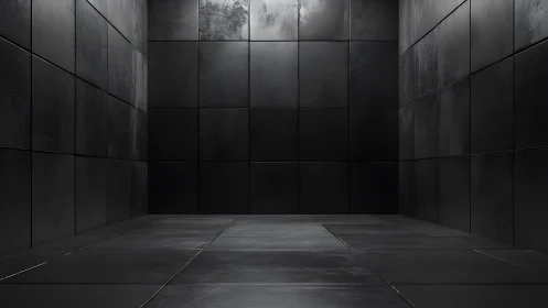 Dark tiled interior room with uniform black panel surfaces.