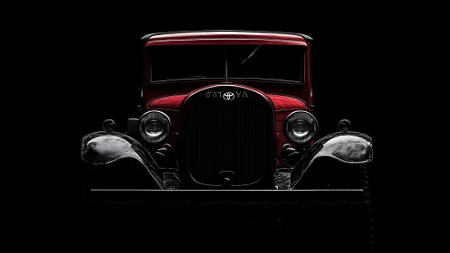 Frontlit vintage red car isolated with high contrast rim lighting