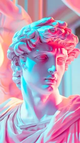 Classical marble bust lit by cyan and magenta neon lights