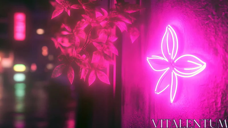 Neon flower emblem glowing beside leaves at night street.