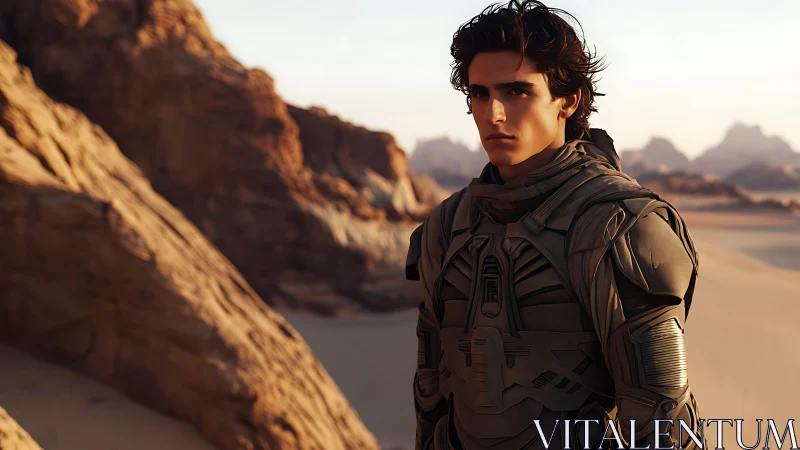 Photorealistic sci-fi portrait in arid desert environment.