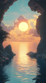 Sunset framed by rocky sea cave and calm water reflection.
