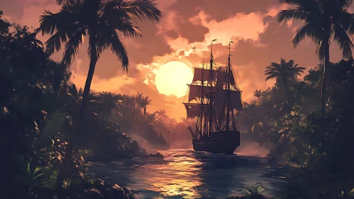 Sunlit tall ship sailing through tropical jungle inlet at dusk.