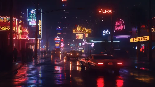 Neon drenched city street glows through cinematic night rain.