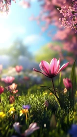 Pink Tulip Basking in Spring's Golden Meadow Symphony.