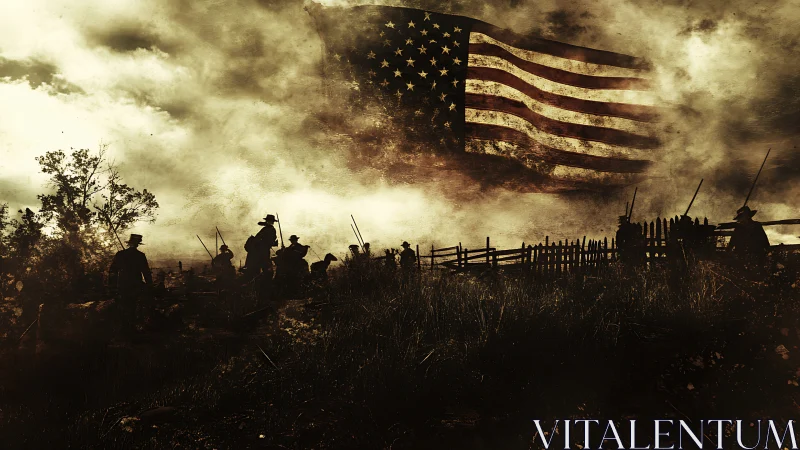 Civil War battlefield scene under large distressed flag.