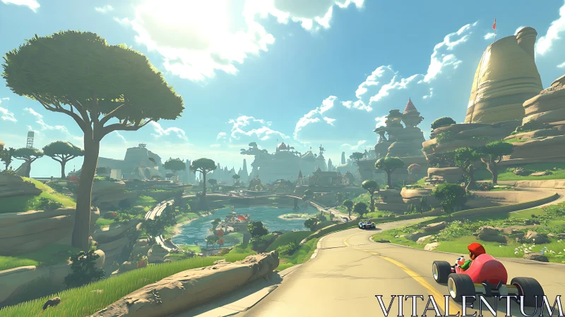 Kart racers speed through a sunlit canyon fantasy city