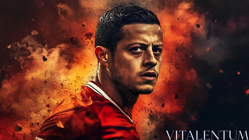 Male football player portrait on fiery abstract background.