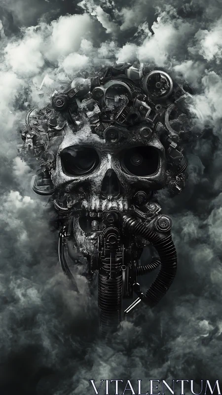 Mechanical skull merges with industrial hoses and clouds